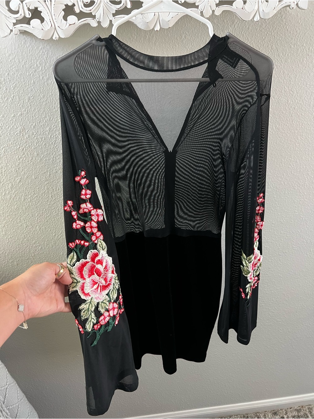 Forever 21 Black Mesh & Velvet Chemise with Pink Floral Embroidery